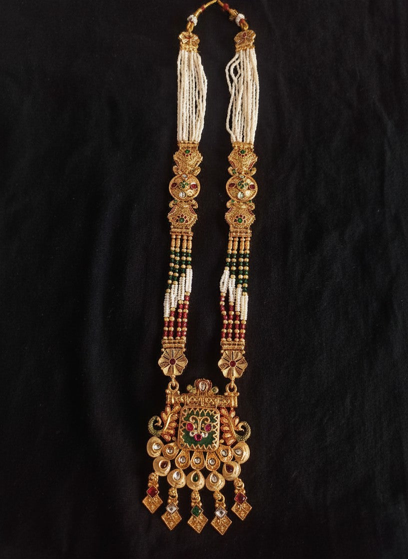 Rajasthani Meenakari Long Rani Haar with Multi-Strand Pearl & Bead Chains, Polki Drops & Matching Earrings for Women