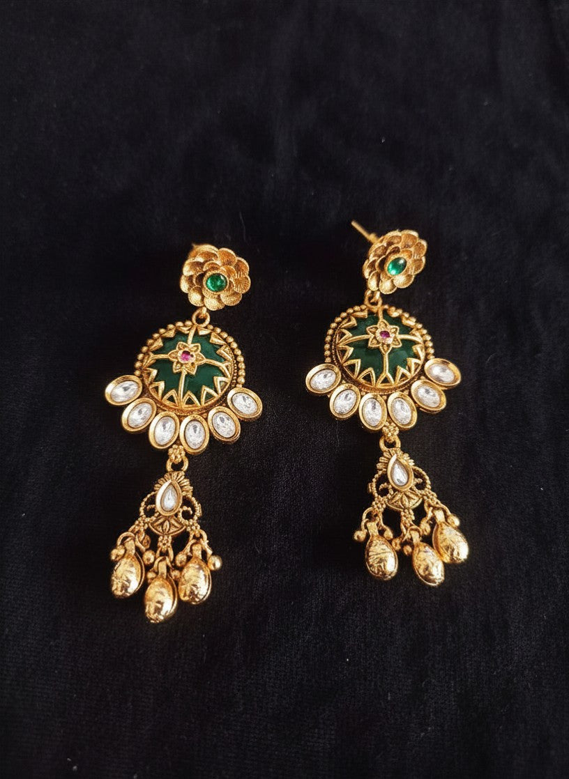 Kundan Meenakari Necklace Set with Emerald Star Disc Pendant, Polki Stones, Gold Ghungroo Drops & Chandbali Earrings for Women