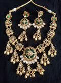 Kundan Meenakari Necklace Set with Emerald Star Disc Pendant, Polki Stones, Gold Ghungroo Drops & Chandbali Earrings for Women