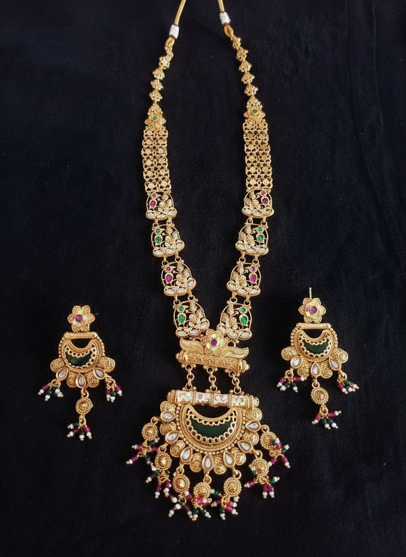 Peacock Long Rani Haar with Meenakari Chandbali Pendant, Polki Stones, Pearl Drops & Matching Earrings for Women